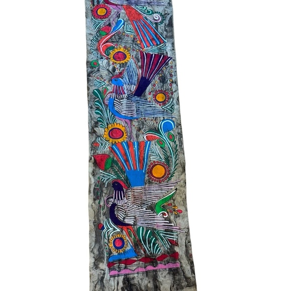 Mexican Folk Art Fancy Bird Painting in Burlap Embroidered Textile Art Panels - Picture 2 of 10